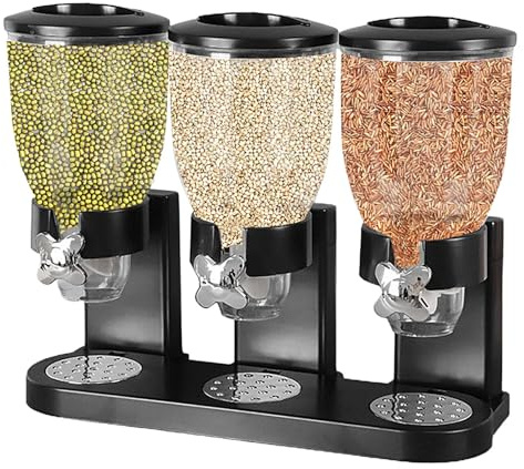 Mingchengheng Müslispender Doppelt - Snackspender - Cereal Dispenser, Cornflakes Spender - Doppelspender für Süßigkeiten und Trockenfutter, 2 Liter Bonbonspender (Schwarz:3 Fächern)