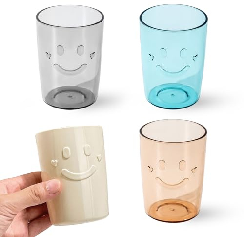 Lot de 4 gobelets de salle de bain avec motif smiley – Porte-brosse à dents incassables en plastique réutilisables de 300 ml pour le brossage, 4 couleurs (beige, bleu, gris, marron)