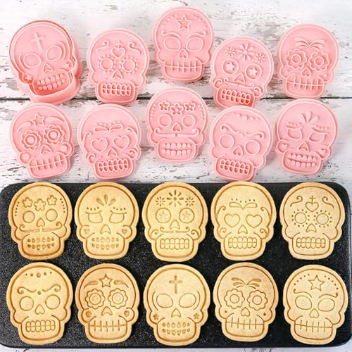 Day of the Dead Sugar Skull Cookie Cutters Set, 10-Piece Día de los Muertos Halloween Cookie Mold Kit, Reusable Embossed Skull Face Biscuit Stamps (Sugar Skull)