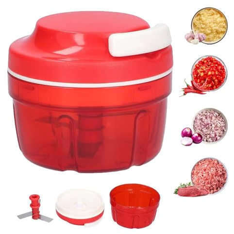 Sqxaldm Coupe-Oignon Manuel avec Câble de Traction - Hachoir à Légumes Multifonction - Sans BPA | Facile à Nettoyer, pour Oignons, Ail, Légumes, Noix et Fruits, 300 ml (Rouge)