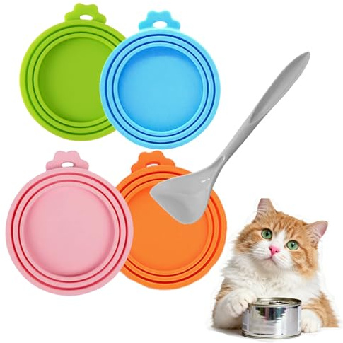 Marnovest 4 PCS Pet Tin Can Silicone Lids with 1 Spoon, Pet Food Can Cover with Grey Scoop, Universal Fit for Dog and Cat Food Storage, 3 Sizes