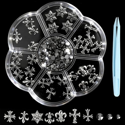 KQDRAVINE 230 Pièces, Bijoux Ongles Nail Art Argent, Nail Charms en Métal & Strass, Décoration Ongle Vintage avec 7 Formes, Accessoires pour Nail Art, Pince Incluse