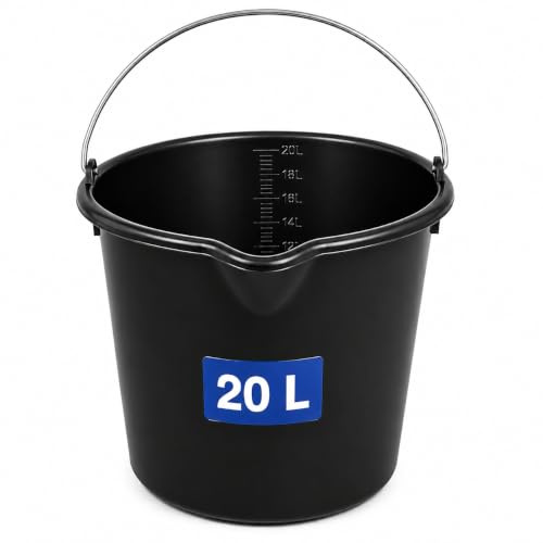 Baueimer 2er Set 20-Liter Schwarz - robuster Mörteleimer Betoneimer mit Skala aus Recycling Kunststoff PE mit Metallhenkel für Baustelle und Garten - BAU Eimer & HLKauf-Block