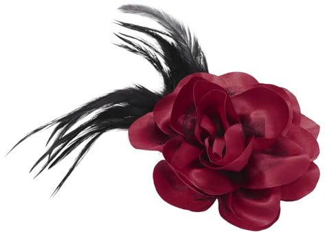 QUARKZMAN Broche De Flor De Rosa 4.3 Pulgada Hecho A Mano De Tela De Satén Alfileres De Solapa Pluma Broche De Flor Elegante Pinzas Para El Cabello Para Mujeres Boda Fiesta Rojo Vino