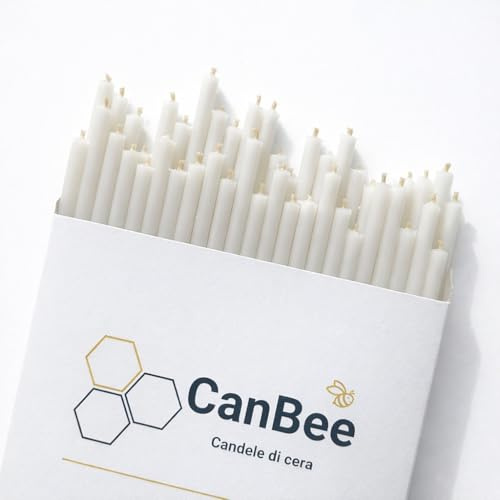 50 Candele Sottili Bianche in Cera d’Api Naturale – 16 cm x 0,5 cm – Stoppino in Cotone – Senza Fumo – Durata circa 40 Minuti – Ideali per Meditazione, Yoga, Rituali e Decorazioni – CanBee