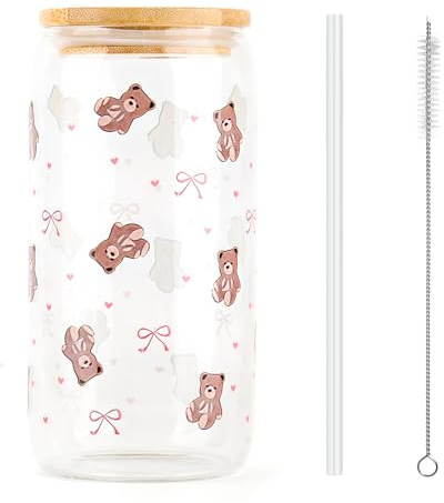 Dermalyx Becher Mit Süßem Teddy Bär Druck, Trinkglas Mit Deckel Und Strohhalm, Robuster Leakproof Becher Für Camping, Smoothie Becher, Ideal Für Kaffee, Matcha