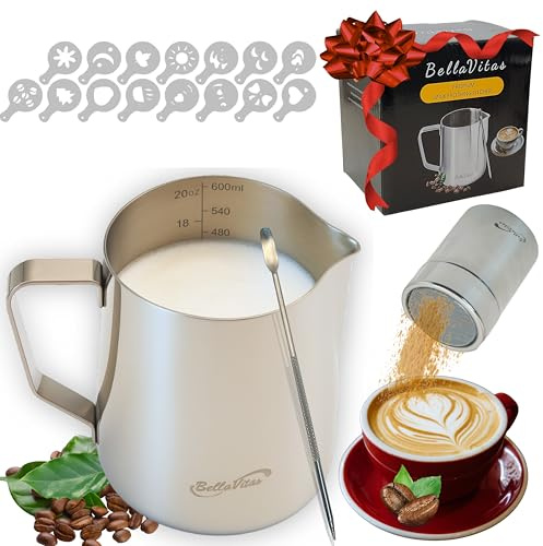 BellaVitas Milk Frothing Pitcher Set 20oz/600ml, 304 Stainless Steel Milk Frother Cup with Cocoa Shaker, Latte Art Pen, Stencils, Espresso Machine Accessories & Coffee Barista Tools Latte Pitcher Gift