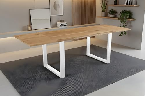 SAM Esstisch Sessa mit Ansteckplatten | 120 x 80 cm (erweiterbar auf 200 x 80 cm) |Eichenholz massiv + geölt | echte Baumkante | U-Gestell Metall weiß | Baumkantentisch/Esszimmertisch