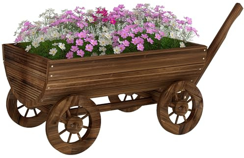 Outsunny Carrito de Madera Decorativa con 4 Ruedas y Mango, Jardinera Exterior Móvil con Orificio de Drenaje, Macetero Exterior para Cultivos, Plantas, Jardín, Terraza, 115x40x54,5 cm, Carbonizado