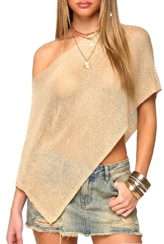 Navneet Dam off-shoulder meshtopp stickad poncho täcka asymmetrisk cape strand sommar festival fest, Aprikos axelfri poncho, M