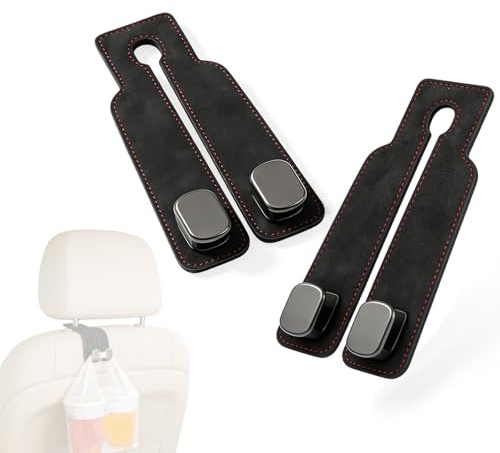 2 Stück Auto Haken Kopfstütze, Haken Auto Kopfstütze Leder Doppelhaken für Autositz, Multifunktionale Haken zum Aufhängen von Taschen, kompatibel mit Handyhalterung (Schwarz)