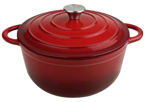 Chiluxendo 25 cm Cocotte en Fonte avec Couvercle, Cocotte Induction Emaillee Faitout pour Four et Tous Feux, Marmite Fonte pour Braiser, Ragoûts, Rôtir Pain(Rouge)