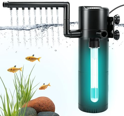 5 in 1 Fish Tank Filter,500L/H,Turns Green Water to Clear,50-150L Tanks | with Timer&UV Light,Oxygen,Wavemaker,Sterilization&Dechlorination Quiet Submersible Filter for Freshwater & Saltwater
