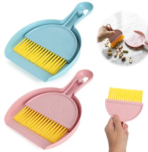 Pelle et balayette 2 Sets Rose Bleu 21 x 11 cm | En PP et TPR avec poils denses bord souple et trou de suspension les deux éléments s emboîtent pour le rangement
