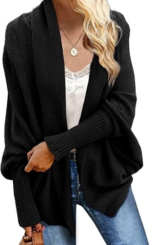 Imily Bela Women's Kimono Batwing Cable Knitted Slouchy Oversized Wrap Cardigan Sweater Black