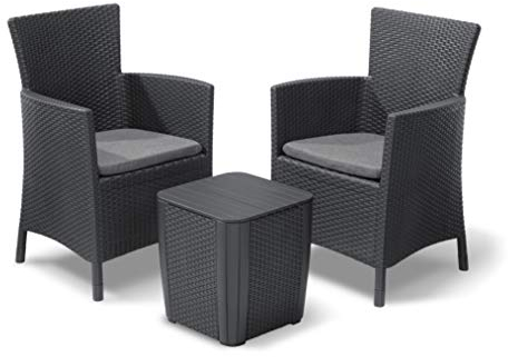 Allibert by Keter Balkonmöbel Set Iowa, graphit/cool grey, 3tlg., inkl. Sitzkissen, Kunststoff, flache Rattanoptik, wetterfest, uv-beständig