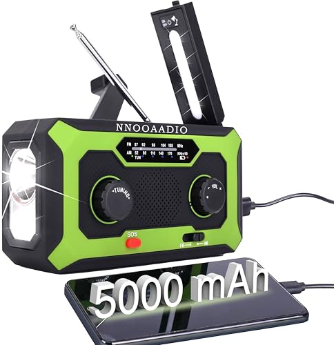 Wind Up Solar Radio, 5000mAh Rechargeable Emergency Hand Crank Dynamo AM FM Weather Radio Portable with Bright Flashlight Kit, SOS Alarm, Reading Lamp, Headphone Audio, for Camping Hiking (Upgraded)