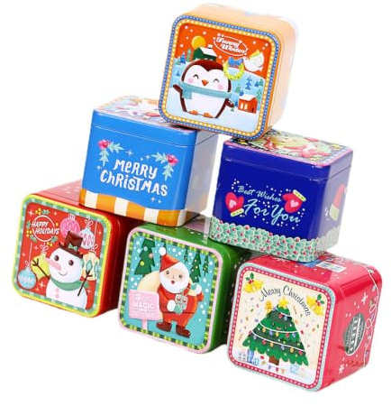 BESPORTBLE 6pcs Christmas Tinplate Boxes with Lid Christmas Metal Tins Square present Jar Metal Cookie Box for Xmas Party Favor Gifts ()