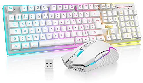 RedThunder K10 Ensemble Clavier et Souris sans Fil Gamer Rétroéclairé, AZERTY FRANÇAIS, 2,4 GHz Connexion + 3800mAh Batteries Rechargeables, Souris Gaming 3200DPI pour PC Mac PS5 Xbox(Blanc)