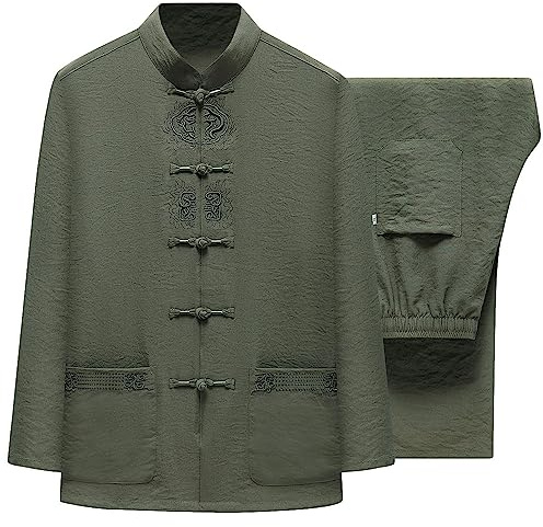 ZooBoo Unisex Cotton Linen Sport Taichi Suit - Chinese Traditional Martial Arts Exercise Kungfu Long Sleeve Uniform (XL, Green)