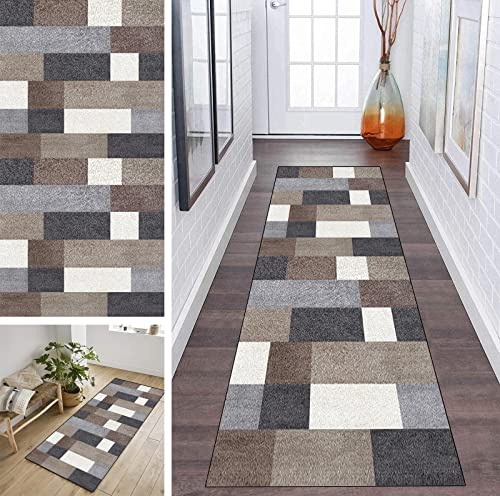 Läufer Teppich Flur Patchwork Grau und Braun 70x180cm rutschfest Korridor Teppichläufer Waschbar Modern Küche Schlafzimmer Wohnzimmer Läufer Teppich Breite 40cm/ 50cm/ 60cm/ 70cm/ 80cm/ 90cm/ 100cm
