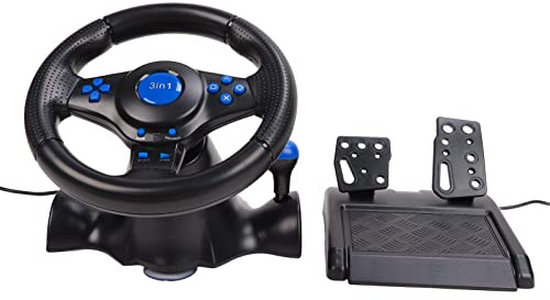 ciciglow Rennlenkrad und Bodenpedale, Feedback Driving Force 180-Grad-Rotation Gaming-Rennlenkrad mit Reaktionsschnellen Pedalen für PS3/PS2/PC, Multifunktionales 3-in-1-Spiel-Rennlenkrad