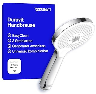 Duravit Universal pommeau de douche, pomme de douche avec 3 types de jets (Rain, Pulse, Mono), Tête de douche ronde (Ø 120 mm), facile à nettoyer, chromé/blanc