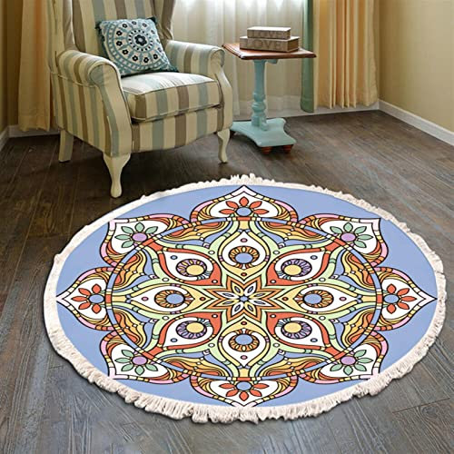 Mandala Runde Teppich Quasten Handwebteppich Böhmische Baumwollteppich Boho-Stil ​für Schlafzimmer Wohnzimmer Küche,F,Diameter 90cm