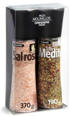 CARMENCITA - Pack 2 Molinillos Gigantes | Sal Rosa del Himalaya | Mediterranean Mix | Sazonador natural para carnes, pescados, verduras, ensaladas | Sal marina mediterránea con especias | 560 g