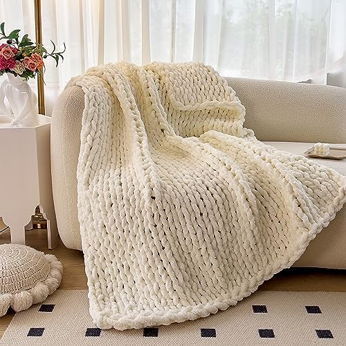 Cremeweiße Grobstrick-Überwurfdecke, 100 % handgefertigt, gestrickte Decke, ultraweiches Chenille-Garn, Strickdecke, dicke Zopfstrick-Decken für Couch, Bett, Sofa, 127 x 152 cm, cremeweiß