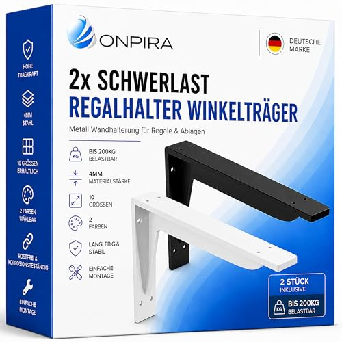 Onpira® 2x Schwerlast Regalhalter Winkelträger Metall 10 Größen & 2 Farben wählbar – 4mm Materialstärke – bis 200kg belastbar – Wandhalterung Regalwinkel Stahlträger Regal Konsole (Schwarz, 290x145mm)