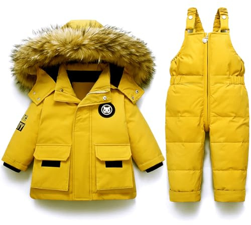 Acuryx Tuta da Neve 2 Pezzi da Bambini Ragazzi Capppotto in Piuma con Cappuccio Pellicia + Salopette da Neve Bambina Giacca Invernale Impermeabile Giallo 2-3 Anni