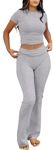 ANRABESS Lounge Sets for Women 2 Piece Foldover Yoga Flare Leggings Pants Crop Tops Casual Y2K Outfits Matching Tracksuit Set Grey Grey Large