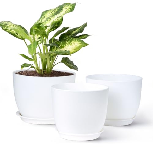 Gardrium Kunststoff Blumentopf Pflanzentopfs mit Untersetzer (22,9-20,3-19 cm) 3er-Set, Plastik Übertopf Kräutertopf mit Ablauflöchern, Rund Pflanzkübel für Innenbereich und Balkon, weiß