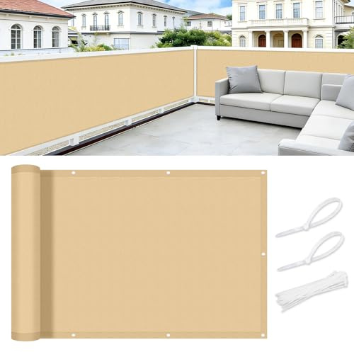 COOL AREA Balkon Sichtschutz Wetterfest 100x800 cm, Sand | Sichtschutz Balkon,Balkonabdeckung Blickdichte,Wasserfest,Windschutz,UV-Schutz,Balkonverkleidung mit Kabelbinder