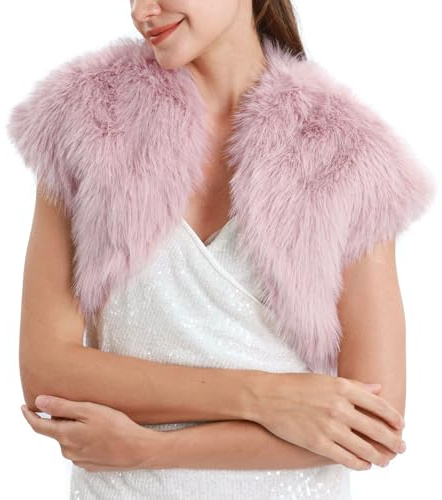 Amazhiyu Women Faux Fur Bolero Shrug Cap Sleeve Crop Cardigan for Evening Dress Pink, Large