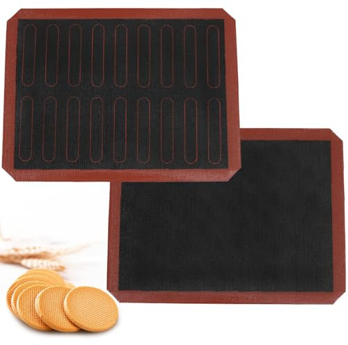 Silicone Baking Mat, 2pcs Reversible Perforated Silicone Baking Mats, Non Slip Reusable Eclair Baking Sheets for For Bread Cookies Open Mesh Oven Liners (Blank+Pattern mat)