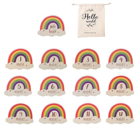Tarjetas de hitos del iris, tarjetas de hitos para bebés, tarjetas de hitos mensuales para bebés, de madera, coloridas etiquetas de anuncio, mes de bebé, accesorios para fotos para niños