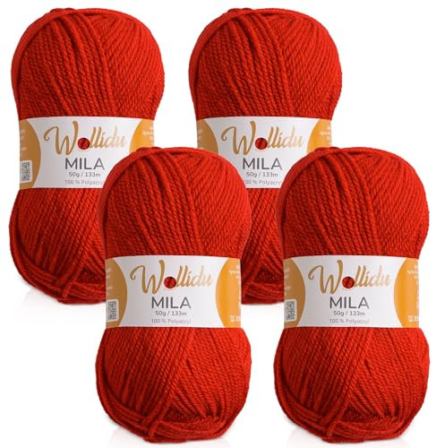 Wollidu Mila Garn zum Häkeln und Stricken 4 x 50g/133m Strickgarn 100% Polyacryl Häkelgarn Feuer Rot