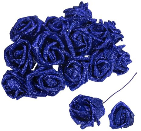 Sourcing Map 50pcs Glitters Artificial Flower, Fake Roses with Stems Foam Real Touch Faux Roses for Wedding Party Office Shower Home Decoration, Blue