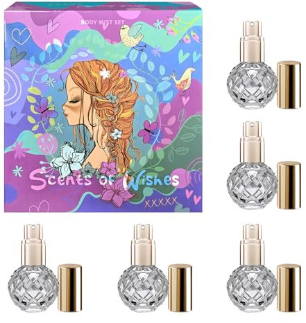 Body Mist Set for Girls Scents of Wishes - 5 Diamond-Shaped Glass Bottles Gold-Toned Finish 5 Exquisite Scents: Berries, Fruits, Citrus, Tropical Vibes,Floral; Fragrance Experience with Premium Design