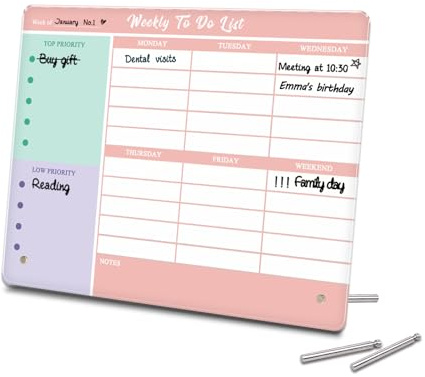 Aitakatta Desktop Thickened Acrylic Dry Erase Weekly To-Do List, 11.8x9.8 Colorful Whiteboard with Stand, Frameless Weekly Planner for Office, School, Home