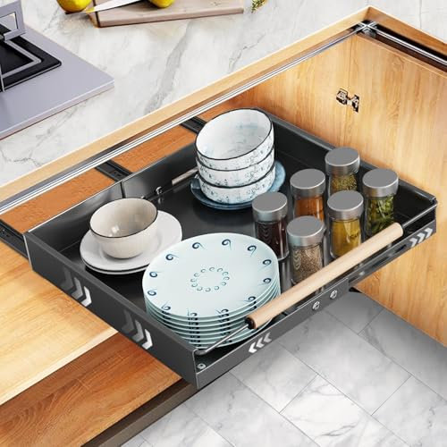 AIGOCITY Teleskopschublade, Ausziehbare Schublade Küche,Küchenschrank Organizer, Kohlenstoffstahl Ausziehbare Schubladen,Sanft Verschiebbar Korbauszug Küchenschrank, Expandierbare Breite 30-48.2cm