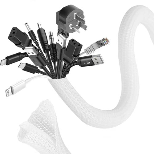 Romon 3m Manchon de Cache Câble, 25-32mm Réglable Gaine Câble Tressée, Extensible Gaine Range Cable Informatique, Protection du Cache Câbles pour Automobiles/TV/PC/USB/Audio/Vidéo- Blanc