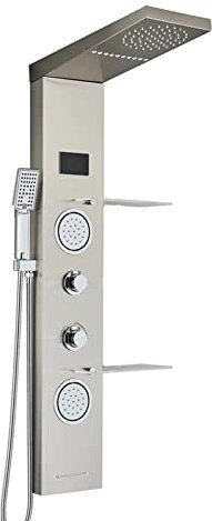 Brushed Stainless Steel Multi Rain Shower Panel Tower System with Body Jets and Wall Mount Shower Shelf Complete Shower Column for Ultimate Relaxation and Luxury Experience