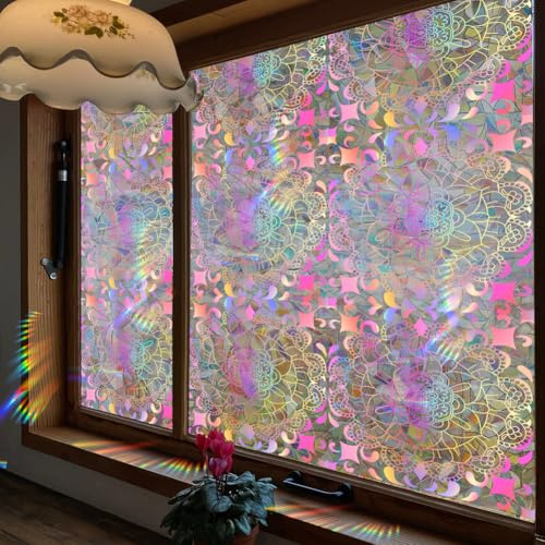 GORGECRAFT 100x43cm Mandala Sichtschutzfolie Für Buntglasfenster 3D Regenbogen Dekorative Fensteraufkleber Nicht Klebend Wärmeregulierung UV Blockierende Fensteraufkleber Für Zimmer Und Zuhause