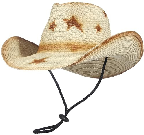 GEMVIE Straw Cowboy Hats for Women Mens Summer Straw Hat Stars Pattern Shapeable Brim Cowgirl Hat for Outdoor with Chin Strap Khaki