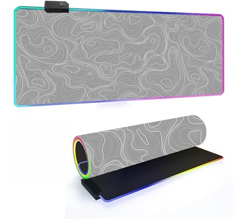 Mateju Cool Lines Gaming Mouse Mat, XXL 7 LED Colours Mouse Pad, Non-Slip Rubber Base Desk Mat, 14 Modes Glow Desk Accessories, Office Accessories for Gaming PC Laptop (Grey,800x400x4mm)