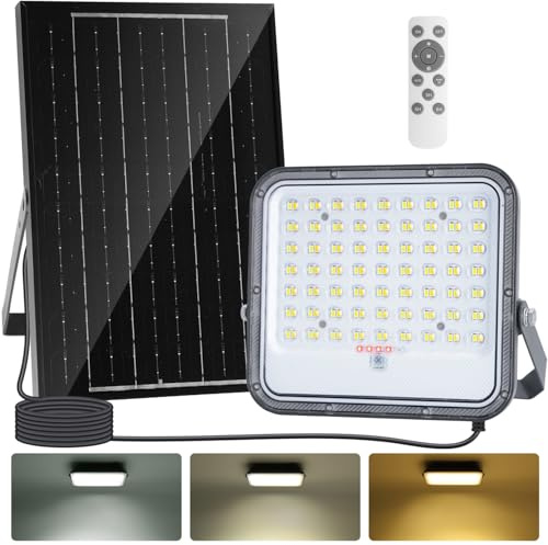 Aigostar - Foco proyector LED solar con mando a distancia,8000mAH,gran panel solar y batería de gran capacidad,regulable 3000/4000/6500K,Función crepuscular,Luz solar para exterior y jardín,patios.