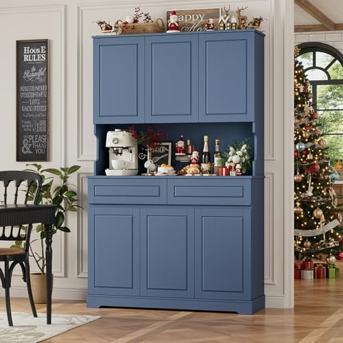 FACBOTALL 74 Pantry Cabinet, Tall Kitchen Pantry Cabinet with 6 Doors and 2 Drawers, Kitchen Hutch with Wide Countertop, Modern Kitchens Cupboard with Adjustable Shelves and Charge Holes, Blue